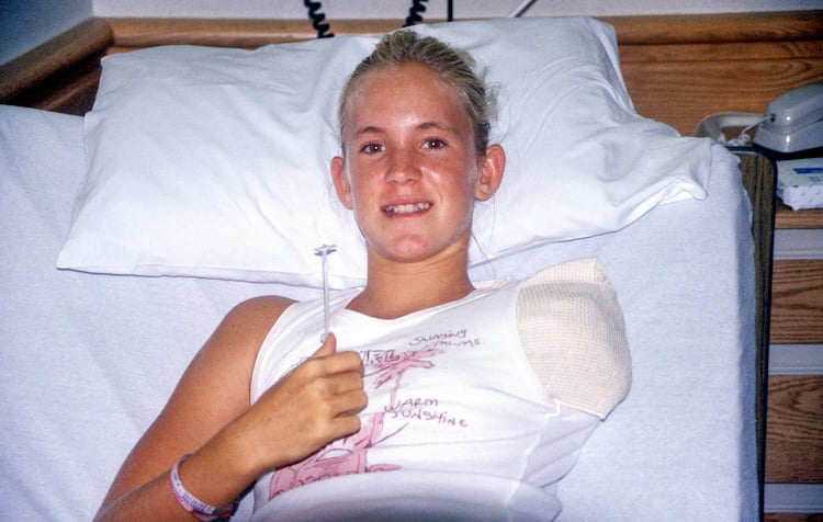 Bethany Hamilton in the hospital after losing her arm in the shark attack.